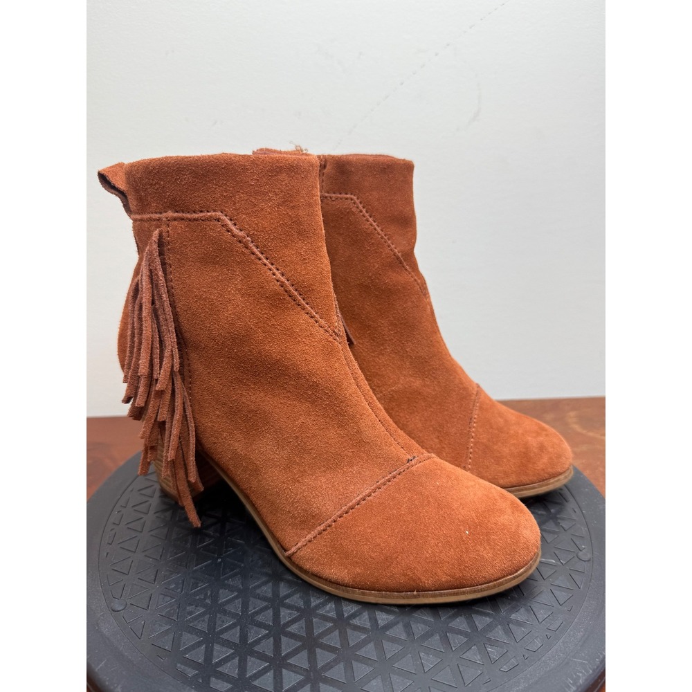 Tom's‎ Womens 6.5 Ankle Boots Suede Fringe Stacked Heel Brown Cowgirl Western